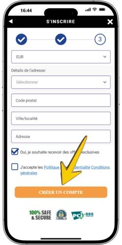 Choix de devise, adresse et lien de confirmation envoyé